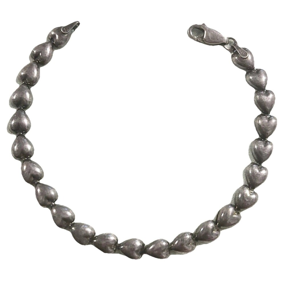 Sterling Silver Puffy Heart Bracelet 925 Italy 7” Romantic Designer Style Gift